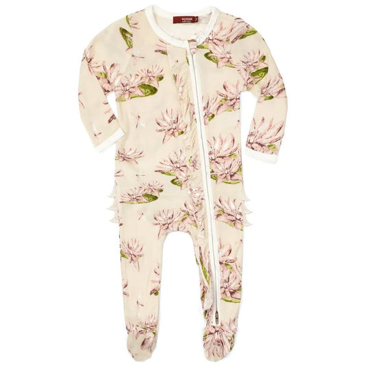 MilkBarn Water Lily Bamboo Ruffle Zipper Footed Romper