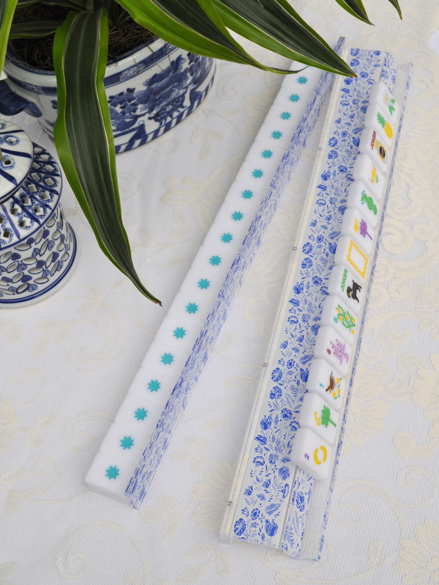 Blue and White Chinoiserie Mahjong Rack and Pusher - Set of 4