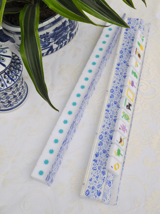 Blue and White Chinoiserie Mahjong Rack and Pusher - Set of 4