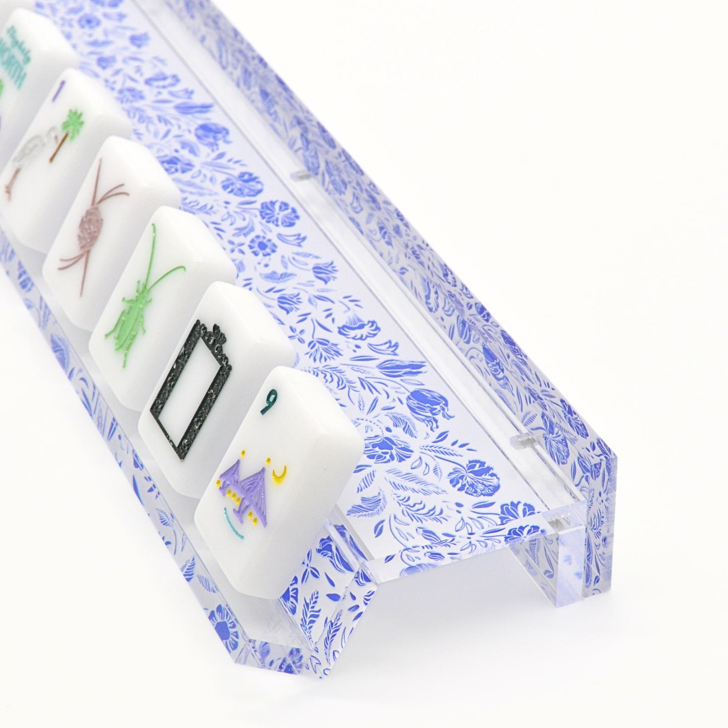 Blue and White Chinoiserie Mahjong Rack and Pusher - Set of 4