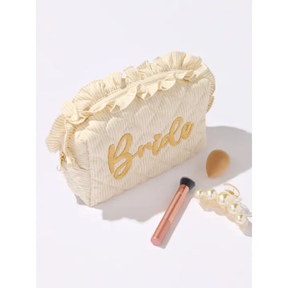 Ruffle "Bride" Large Zip Pouch - Beige