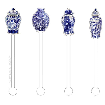 Blue and White Chinoiserie Party Decor Acrylic Stir Sticks - Set of 4