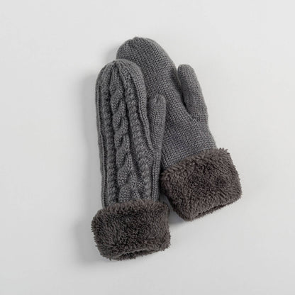 Fleece Lined Cuffed Winter Knit Mittens: GREY