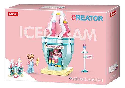 Pastel ice cream cone kiosk with minifigures and accessories ice cream shop building block set Lego bricks