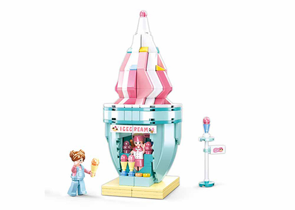 Pastel cone ice cream stand with minifigure, cones, and signboard ice cream shop building block set Lego bricks