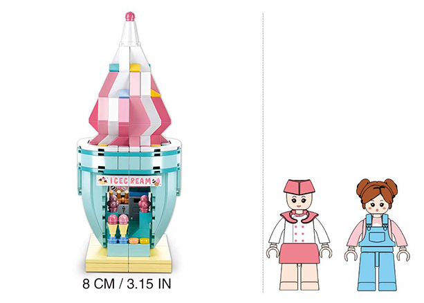 Mini ice cream shop building block set Lego bricks toy in teal and pink with cone shaped shop and two minifigures