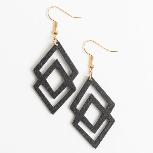 Samira Lightweight Black Double Diamond Wood Drop Earrings