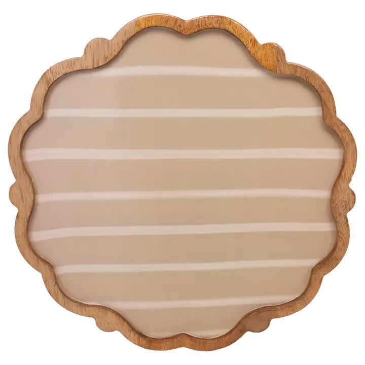 13.75" Dia. Tan Wavy Edge Striped Mango Wood Platter