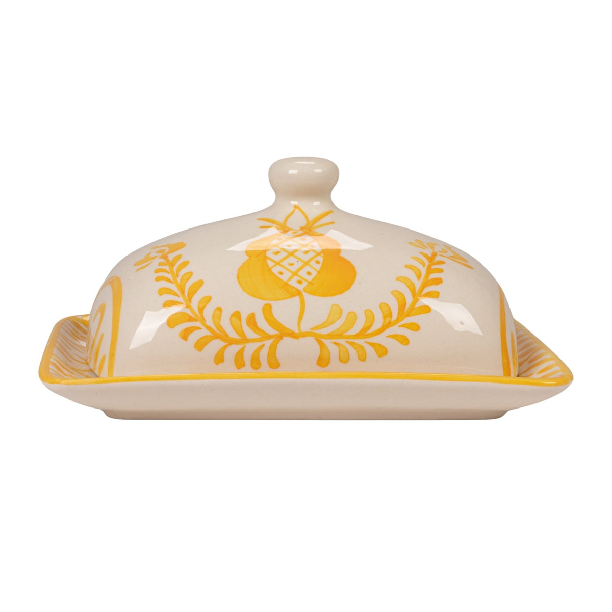 Hand-Painted Stoneware Butter Dish with Botanical Design