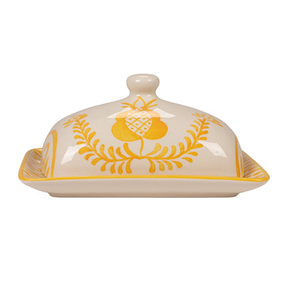 Hand-Painted Stoneware Butter Dish with Botanical Design