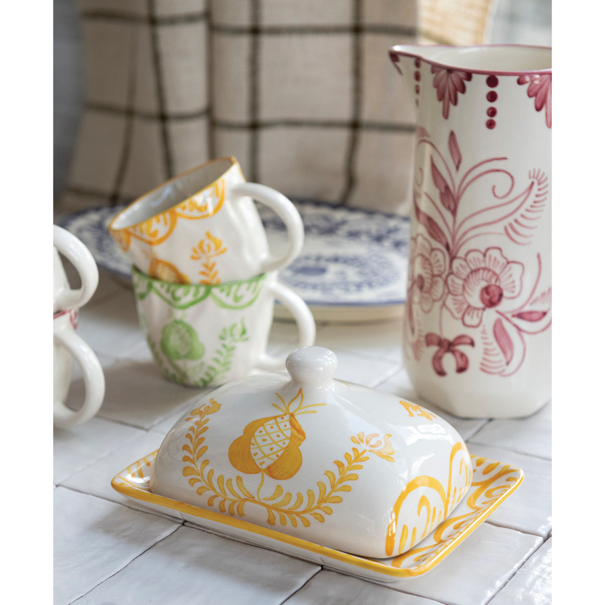 Hand-Painted Stoneware Butter Dish with Botanical Design
