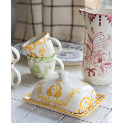 Hand-Painted Stoneware Butter Dish with Botanical Design