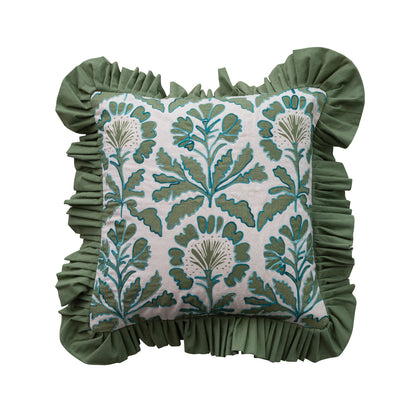 Olive Ruffle Hand Stamped Cotton Pillow