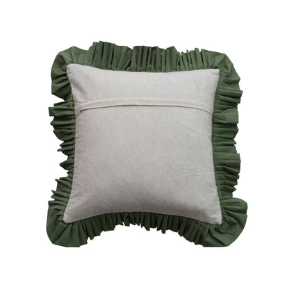 Olive Ruffle Hand Stamped Cotton Pillow
