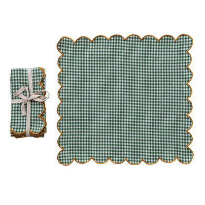 Scalloped Cotton Napkin Set of 4 - Green, White & Mustard