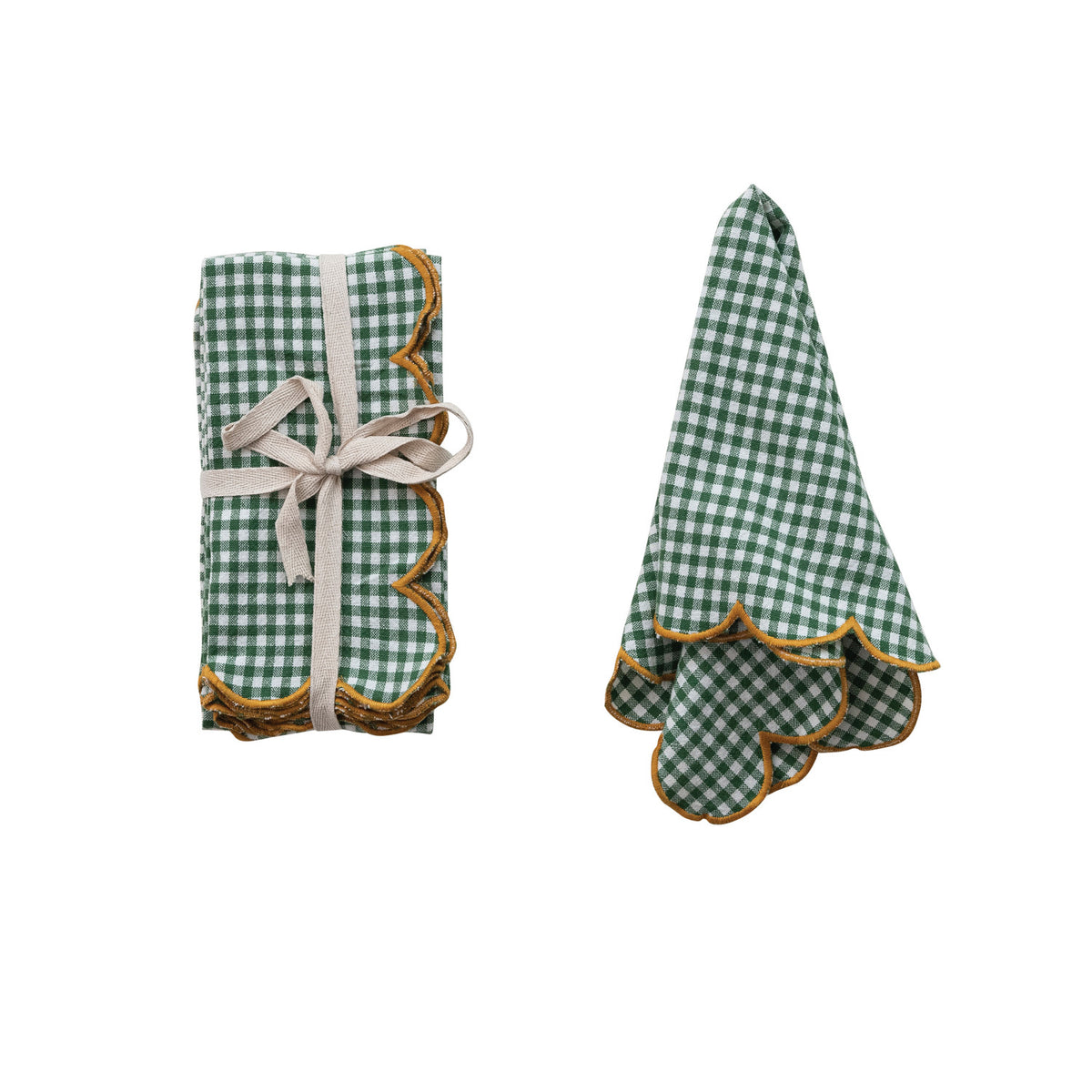 Scalloped Cotton Napkin Set of 4 - Green, White & Mustard
