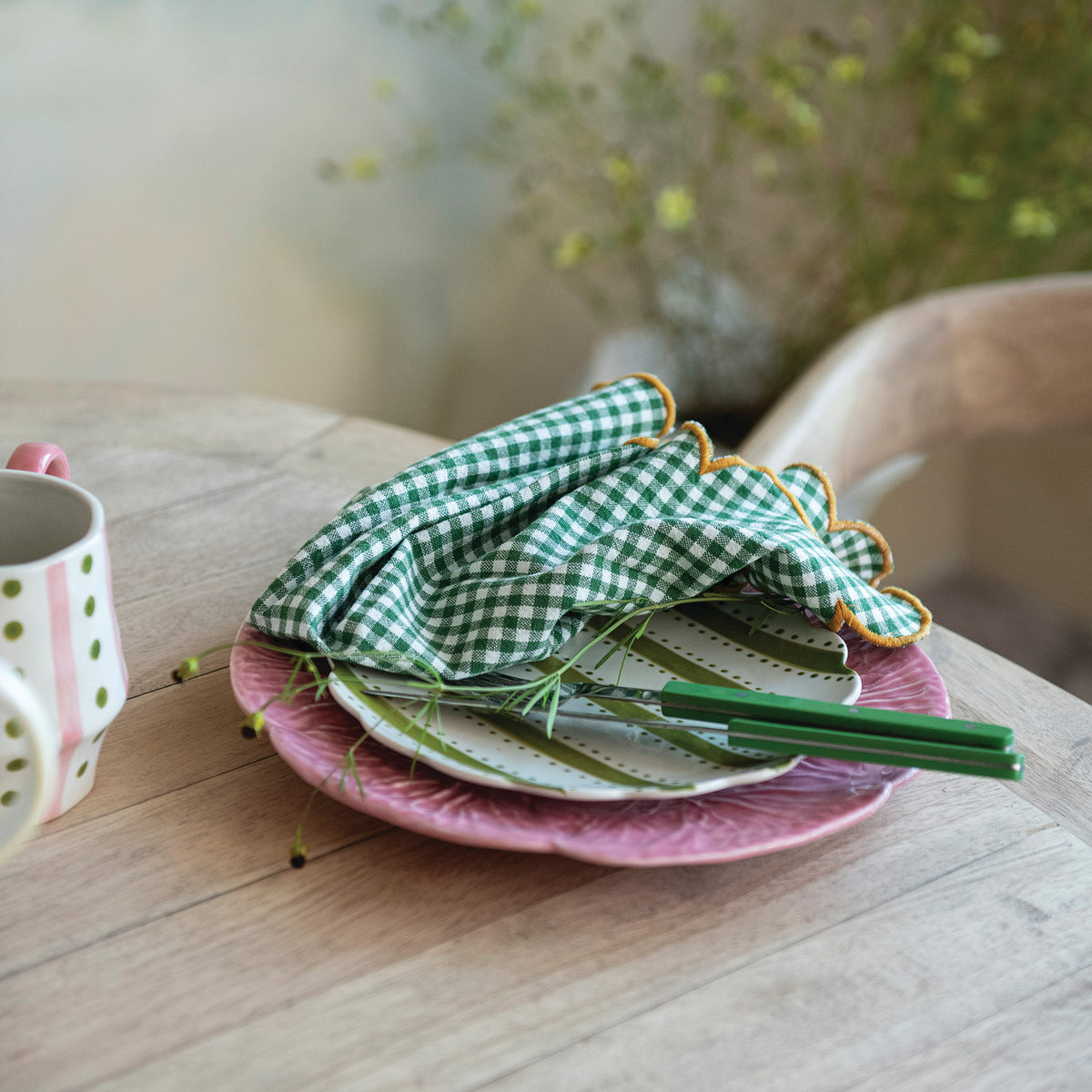Scalloped Cotton Napkin Set of 4 - Green, White & Mustard