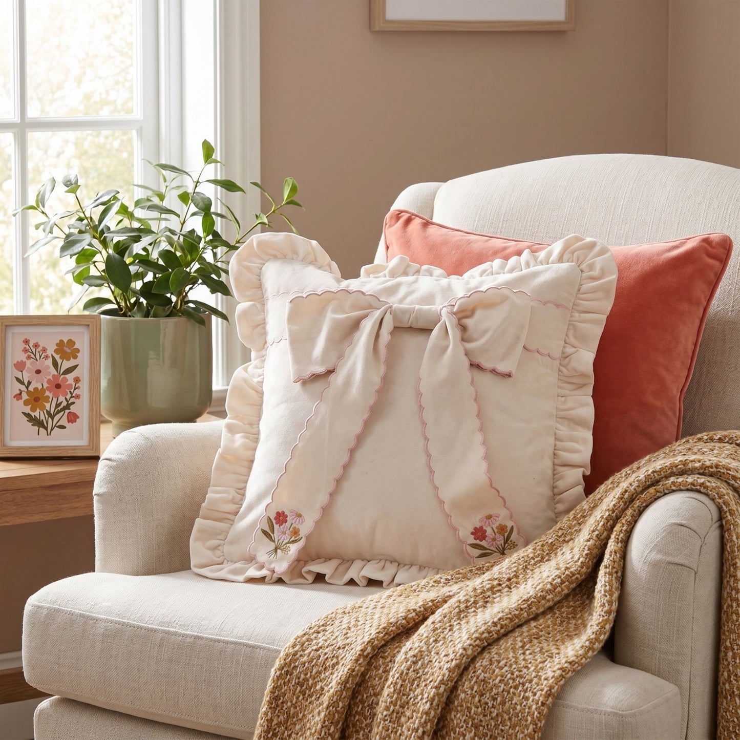 Bow Pillow With Ruffled Edge