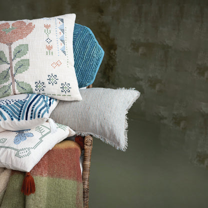 Cotton Slub Pillow with Embroidered Flowers