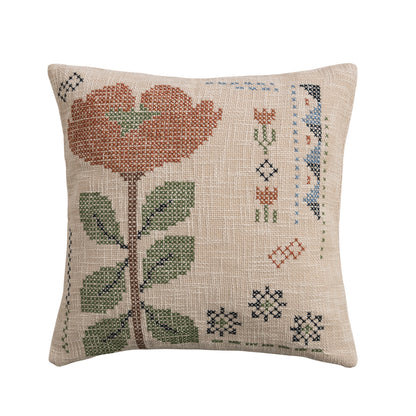Cotton Slub Pillow with Embroidered Flowers
