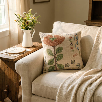 Cotton Slub Pillow with Embroidered Flowers
