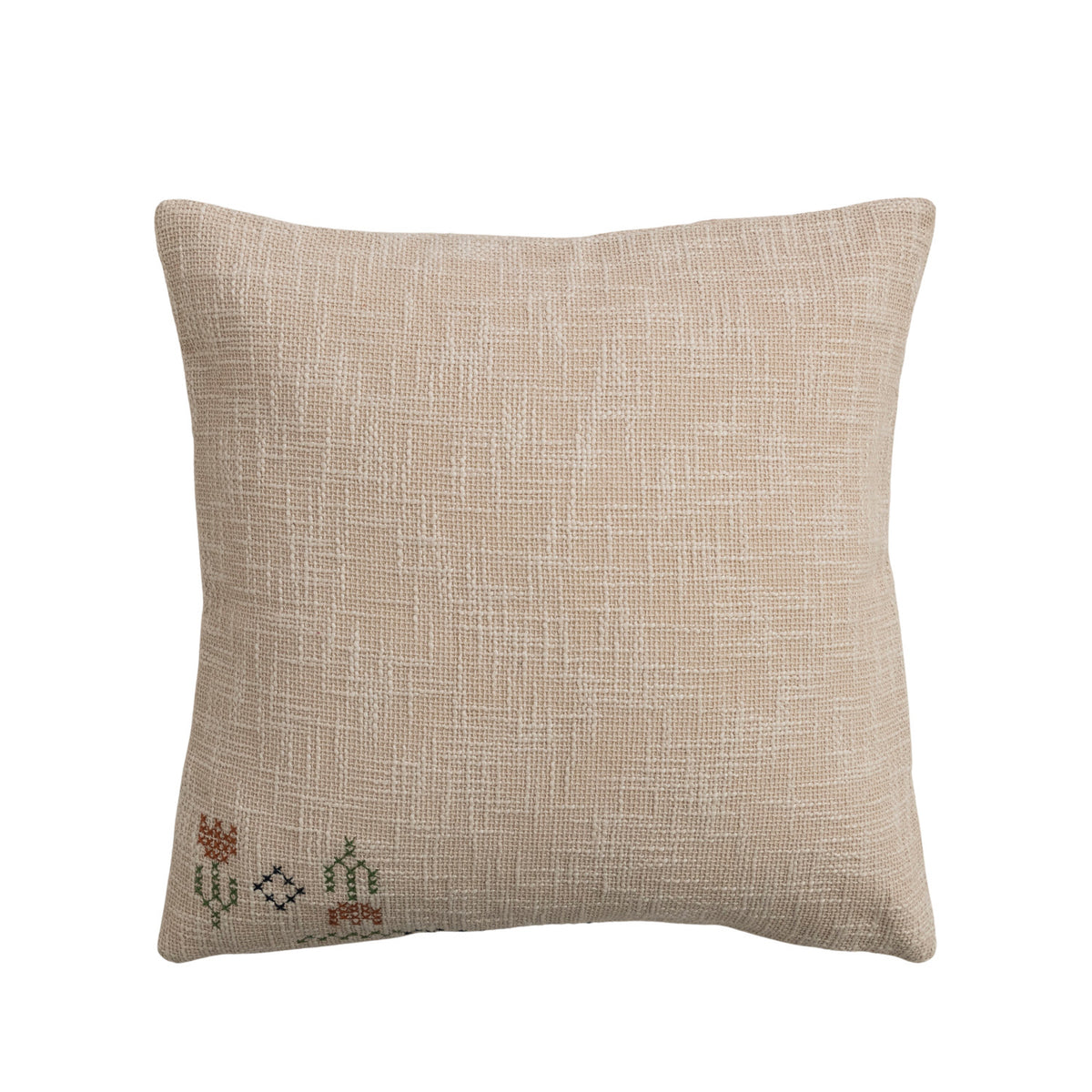 Cotton Slub Pillow with Embroidered Flowers