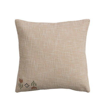 Cotton Slub Pillow with Embroidered Flowers