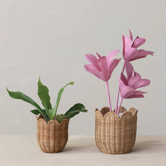 Hand-Woven Rattan Scalloped Planters
