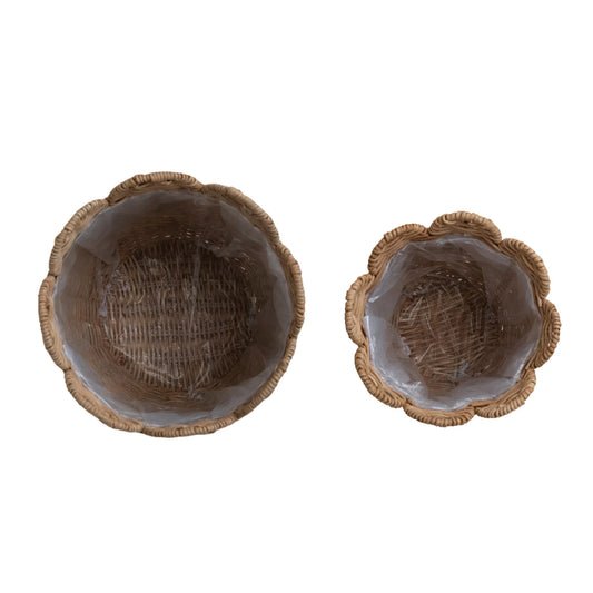 Hand-Woven Rattan Scalloped Planters