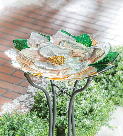 18" Hand Painted and Embossed Shaped Bird Bath Magnolia