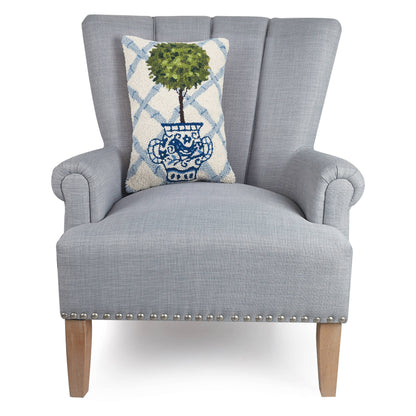 Blue Trellis Topiary Hooked Pillow