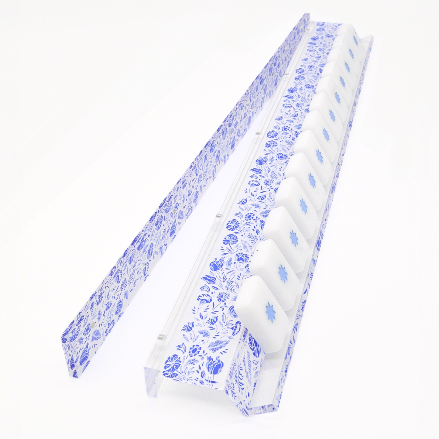 Blue and White Chinoiserie Mahjong Rack and Pusher - Set of 4