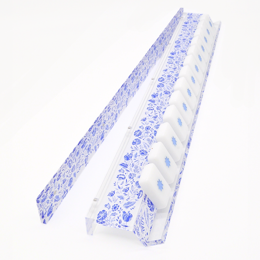 Blue and White Chinoiserie Mahjong Rack and Pusher - Set of 4