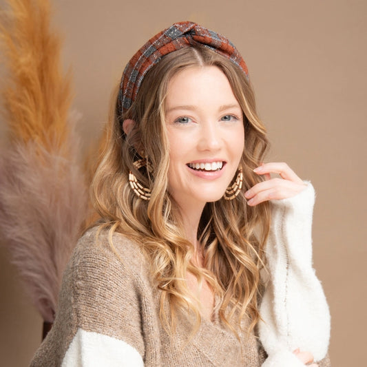 Plaid Twist Headband Burnt Amber
