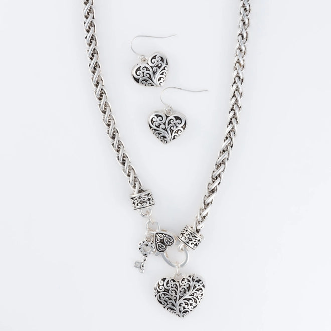 Miah Heart Charm Necklace and Earring Set