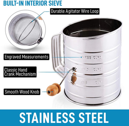 Stainless Steel Rotary Hand Crank Flour Sifter - 3 Cups