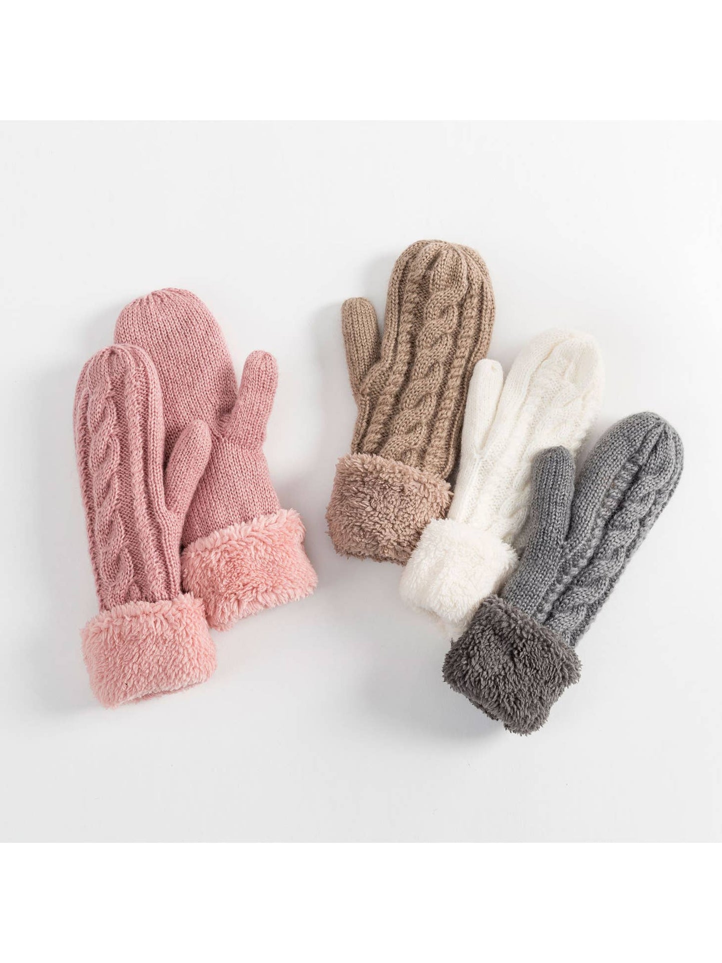 Fleece Lined Cuffed Winter Knit Mittens - Grey, Cream, Brown, Pink