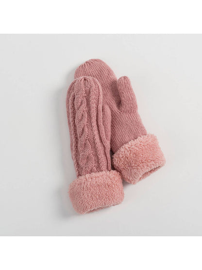 Fleece Lined Cuffed Winter Knit Mittens - Grey, Cream, Brown, Pink