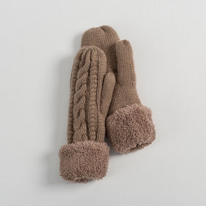 Fleece Lined Cuffed Winter Knit Mittens - Grey, Cream, Brown, Pink