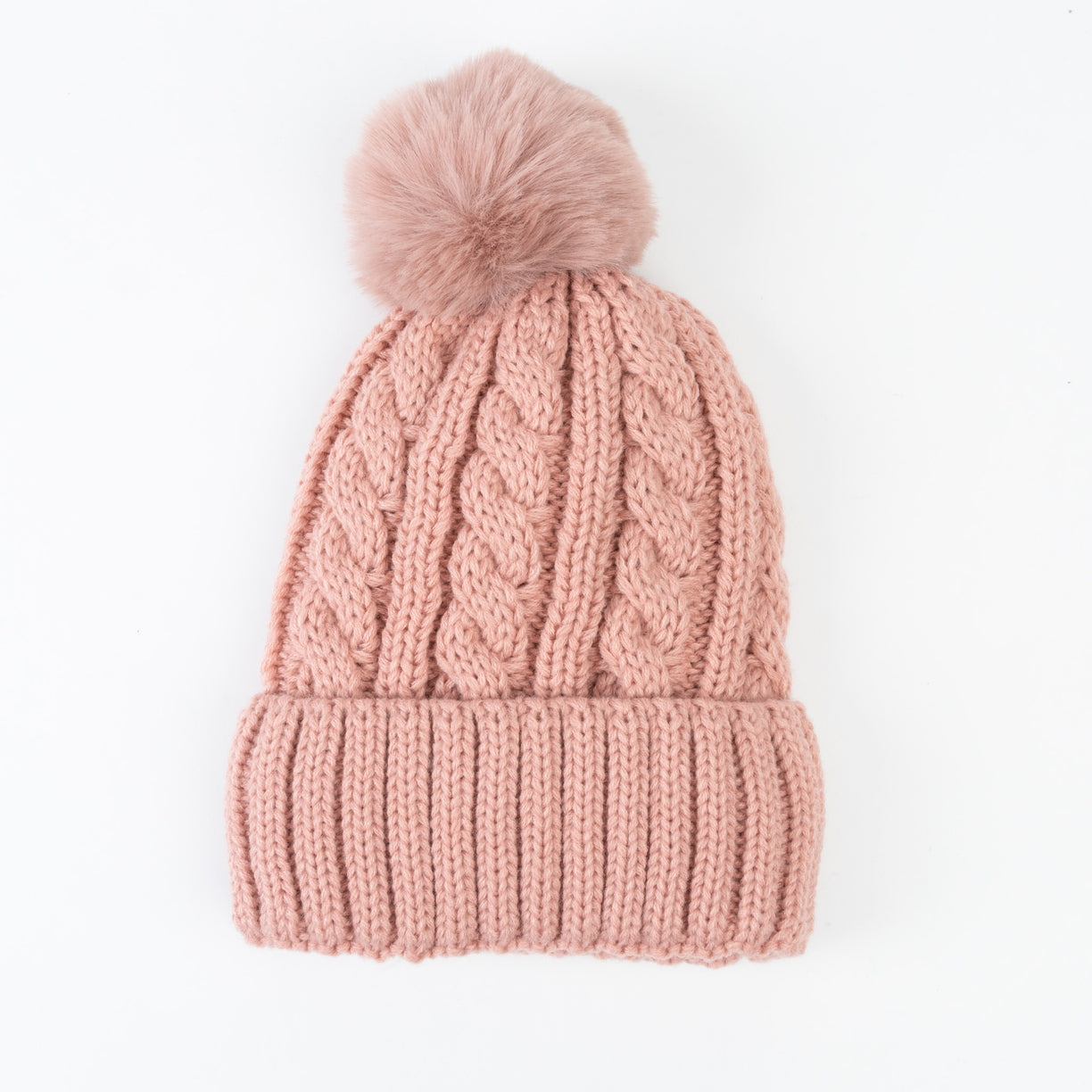 Sierra Cable Knit Pom Lined Beanie Hat - Black, Tan, Cream, Pink