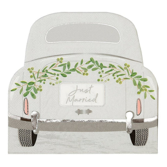 Botanical Bride 'Just Married' Car Shaped Paper Napkins - 16 Pack