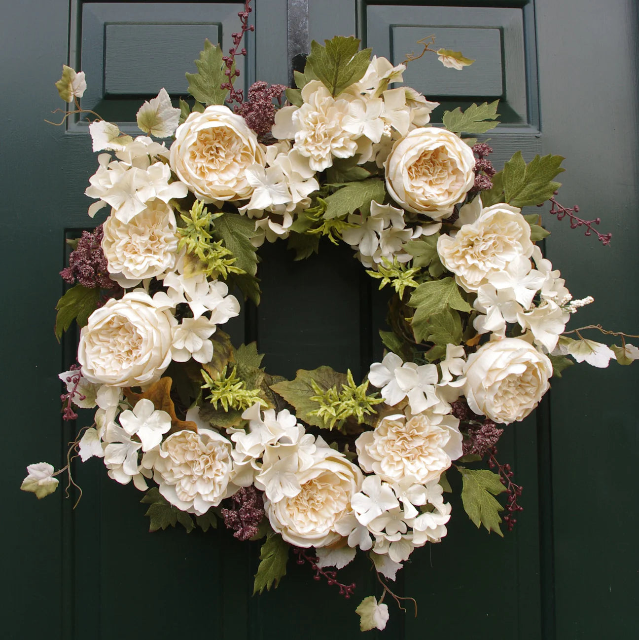 Cabbage Rose Dahlia Hydrangea Wreath 22” Cream