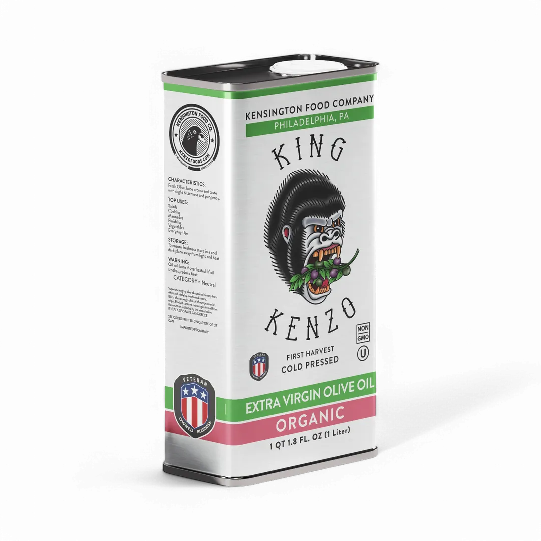 King Kenzo organic olive oil extra virgin cold pressed 1 liter tin by Kensington Food Company