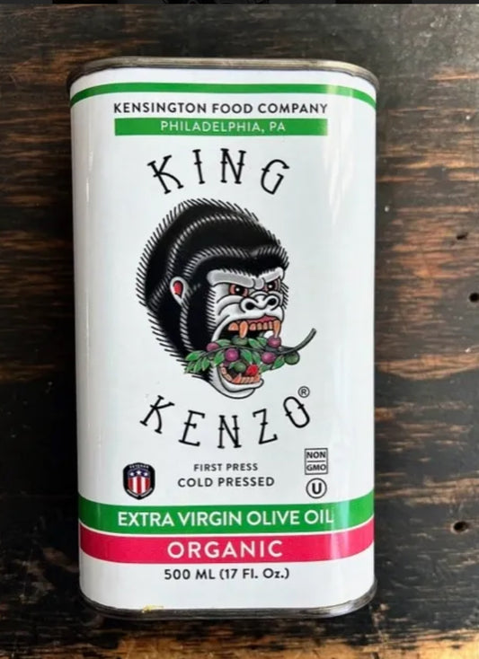 King Kenzo organic olive oil extra virgin cold pressed 500ml tin from Kensington Food Company