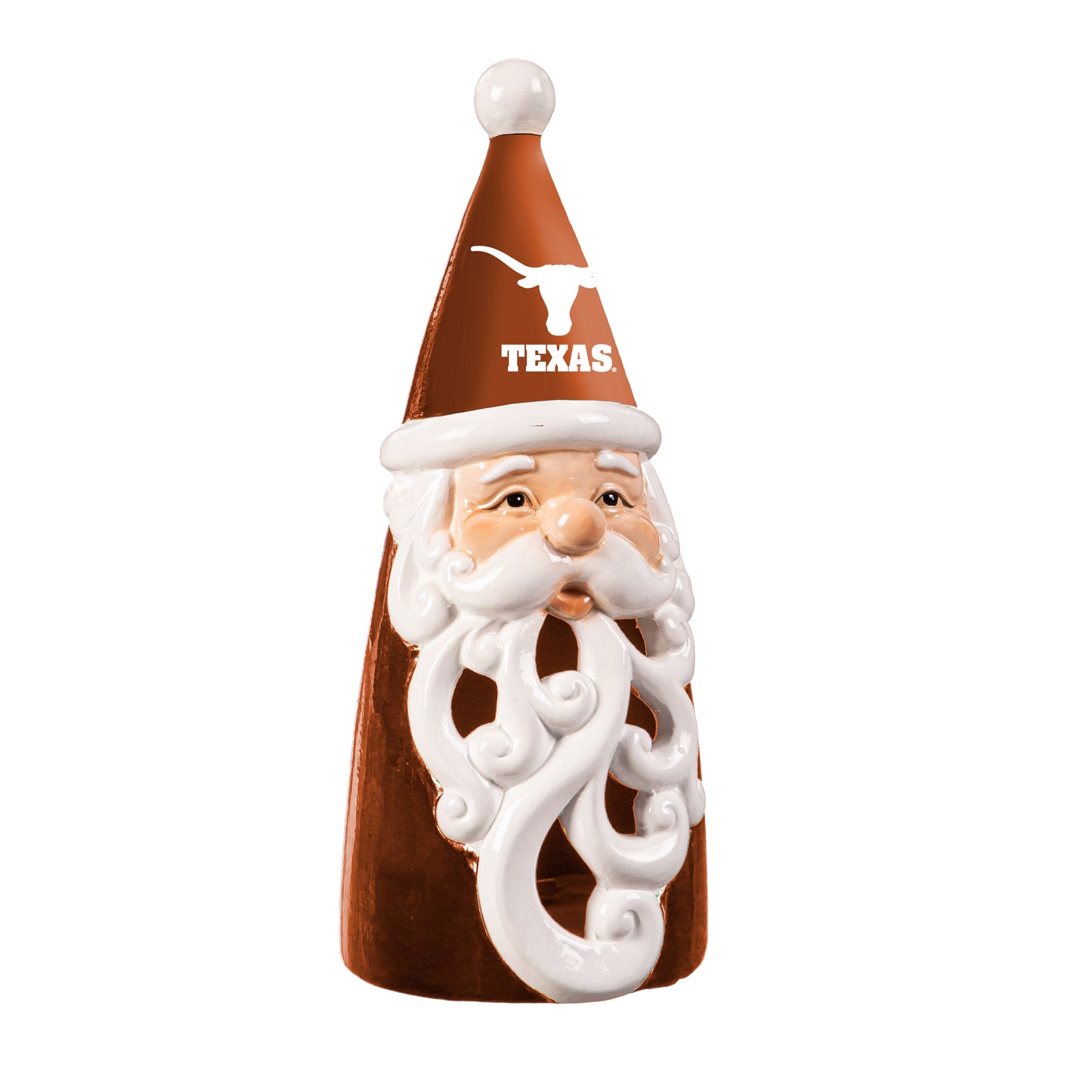 University of Texas Santa Decor Gift Evergreen Enterprises ceramic burnt orange Santa statue with Longhorn logo and white beard