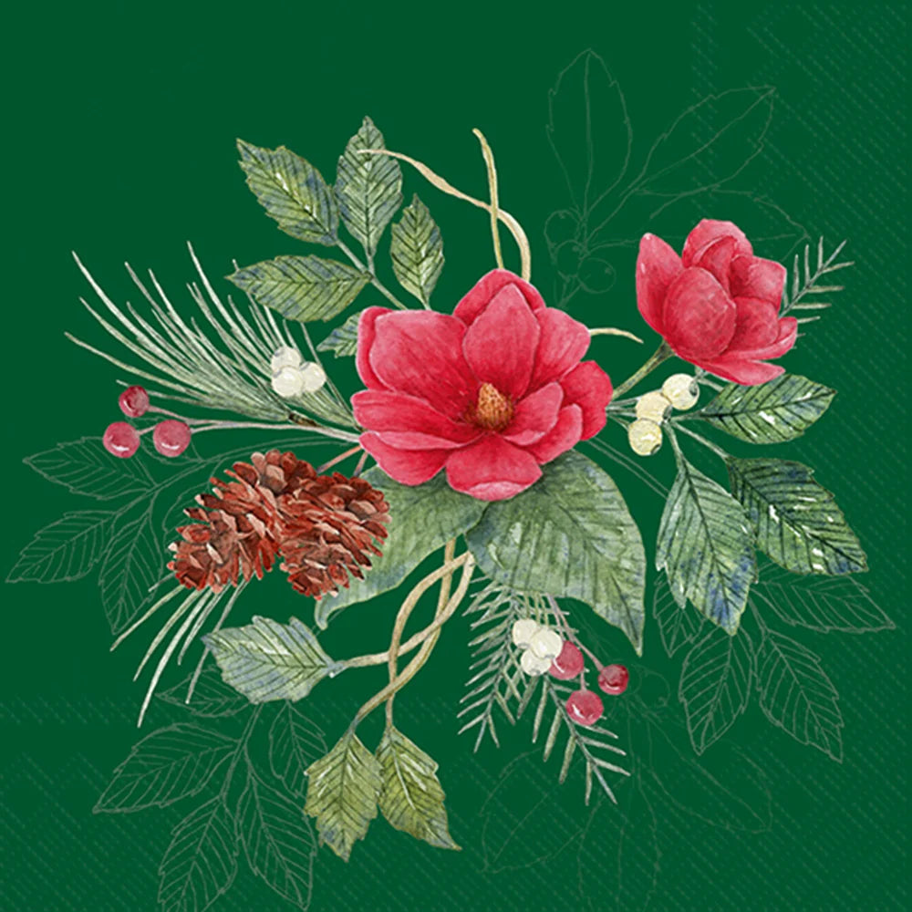 Pinecone Flowers Cocktail Napkin Green