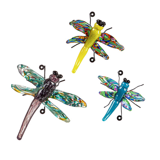 Mosaic Art Glass Dragonfly's With Iron Feet Wall Decor - Set of 3