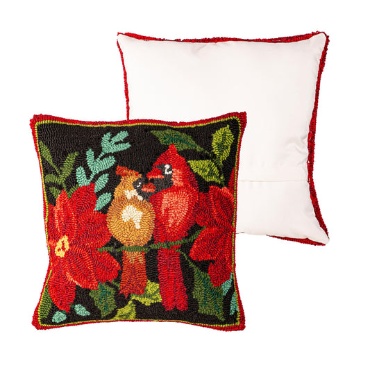 Holiday Indoor Outdoor Poinsettia and Cardinal Hooked Throw Pillow - 18"x18"