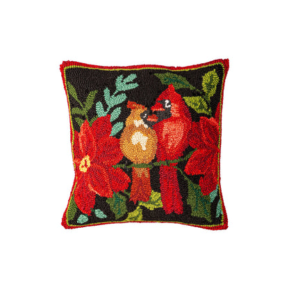 Holiday Indoor Outdoor Poinsettia and Cardinal Hooked Throw Pillow - 18"x18"