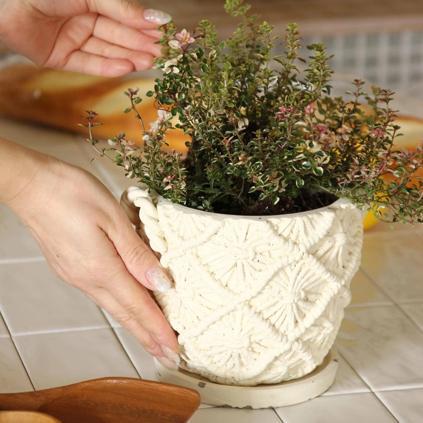 Macrame Round Cement Planter